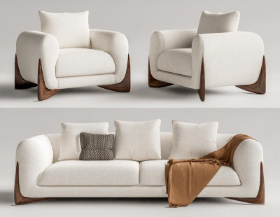 PORADASOFTBAY侘寂风双人沙发 单人沙发 羊羔毛胡桃木沙发 木材